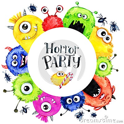 Hand drawn round frame with watercolor funny monster heads. Celebration illustration. Cartoon horror party. Funny beasts Cartoon Illustration