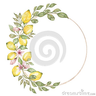 Hand drawn round frame of watercolor lemon. Watercolor illustration wreath of lemon and leaves. Can be used as a greeting card for Cartoon Illustration