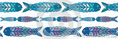 Hand drawn rows of multicolor fish in folk art style border design. Seamless vector pattern on white background with Vector Illustration