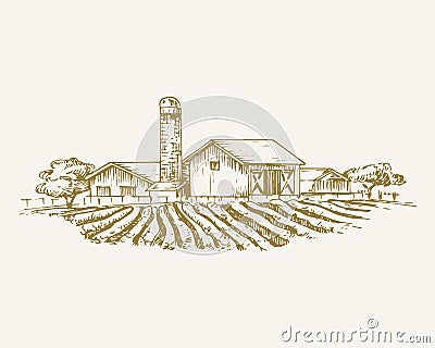 Hand Drawn Rural Buildings Landscape Vector Illustration. Farm with Field, Barns, Grain Elevator and Trees Sketch Vector Illustration