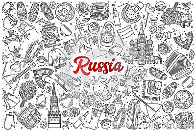 Hand drawn Russia doodle set with lettering Vector Illustration