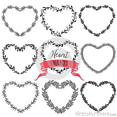 Hand drawn rustic vintage heart wreaths. Floral vector graphic. Vector Illustration