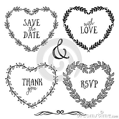 Hand drawn rustic vintage heart wreaths with lettering. Vector Illustration