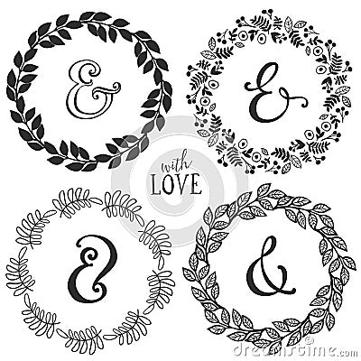 Hand drawn rustic vintage wreaths with lettering and ampersand. Vector Illustration