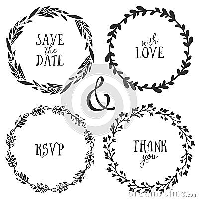 Hand drawn rustic vintage wreaths with lettering. Floral vector Vector Illustration