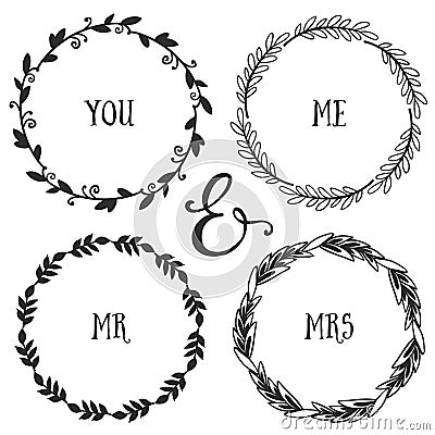 Hand drawn rustic vintage wreaths with lettering. Floral vector Vector Illustration