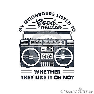 Hand drawn 90s themed badge with boombox player vector illustration. Vector Illustration
