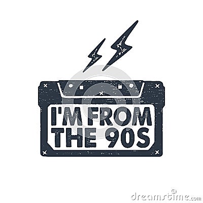 Hand drawn 90s themed badge with cassette tape vector illustration. Vector Illustration