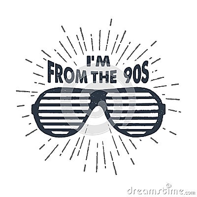 Hand drawn 90s themed badge with striped sunglasses vector illustration. Vector Illustration