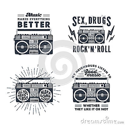 Hand drawn 90s themed set of badges. Vector Illustration