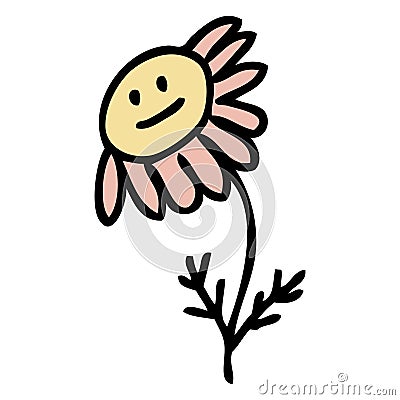 Hand drawn sad chamomile flower in simple doodle style. Perfect for tee, stickers, poster, card. Isolated vector illustration for Vector Illustration