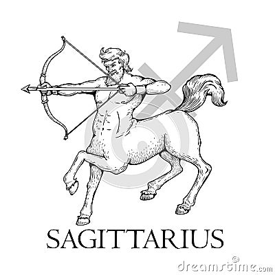 Hand drawn Sagittarius. Zodiac symbol in vintage gravure or sketch style. Mythical centaur warrior getting ready to shoot a bow. R Vector Illustration