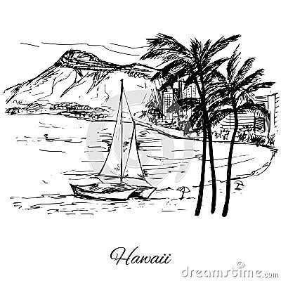 Hand drawn sail near the island Hawaii Vector Illustration