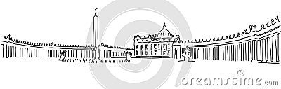 Hand drawn Saint Peter Square and Saint Peter Basilica. Vatican Vector Illustration