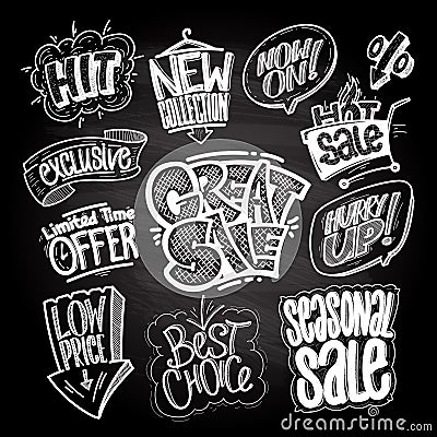 Hand drawn sale signs and prints set on a chalkboard - great sale, hit, limited time offer, low price, best choice, seasonal sale Vector Illustration