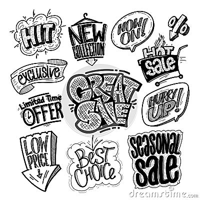 Hand drawn sale signs and prints set - great sale, hit, limited time offer, low price, best choice, seasonal sale, exclusive, new Vector Illustration