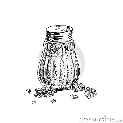 Hand drawn salt shaker and crystals Vector Illustration