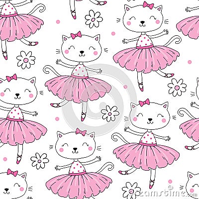 Hand drawn Sample pattern with Cat, ballerina illustration, children print on t-shirt. Vector Illustration