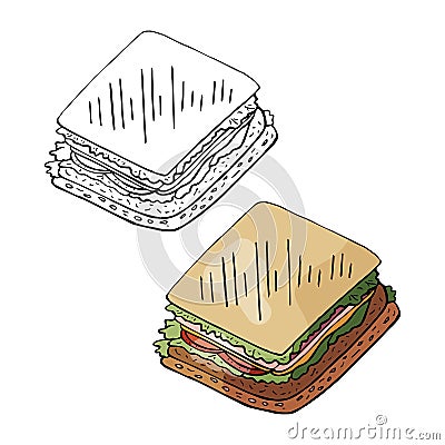 Hand drawn sandwich black and white and color isolated on white background. Vector street food, sandwich Stock Photo