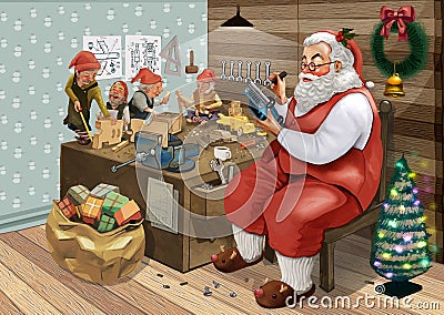 Hand drawn Santa Claus making Christmas presents with his elves in a workshop Vector Illustration