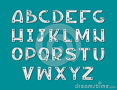 Hand drawn scandinavian art font. White alphabet on dark background. Vector Illustration