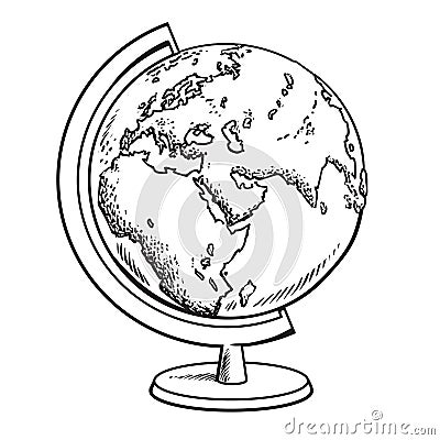 Hand drawn school globe. Model of Earth.Geography icon. Black and white sketch vector illustration isolated. Vector Illustration