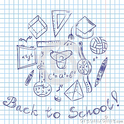 Hand Drawn School Symbols. Children Drawings of Ball, Books,Pencils, Rulers, Flask, Compass, Arrows Arranged in a Circle on a Shee Vector Illustration