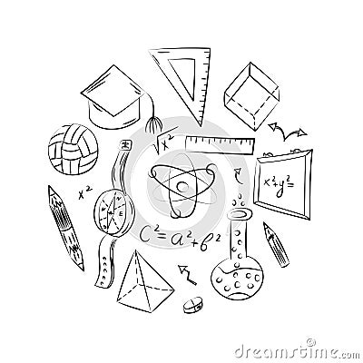 Hand Drawn School Symbols. Children Drawings of Ball, Books,Pencils, Rulers, Flask, Compass, Arrows Arranged in a Circle. Vector Illustration
