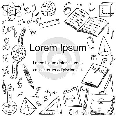 Hand Drawn School Symbols. Children Drawings of Ball, Books,Pencils, Rulers, Flask, Compass, Arrows with Place for Text Vector Illustration