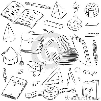 Hand Drawn School Symbols. Children Drawings of Ball, Books,Pensils, Rulers, Flask, Compass, Arrows. Vector Illustration