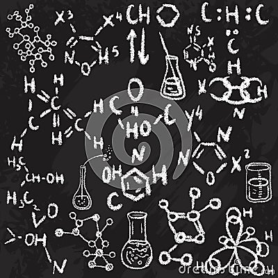 Hand drawn science laboratory icons sketch. Chalk on a blackboard. Vector illustration.Back to School. Vector Illustration