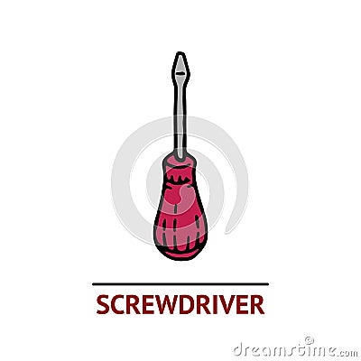 Hand drawn screwdriver icon. Professional labor construction tool with gray and pink colors Vector Illustration