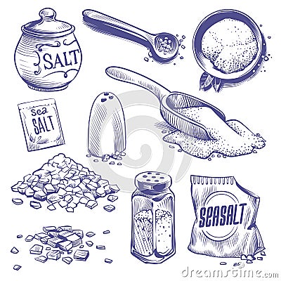 Hand drawn sea salt. Salting crystals, himalayan salt sketch. Sodium spices powder ingredient, seasoning packaging Vector Illustration