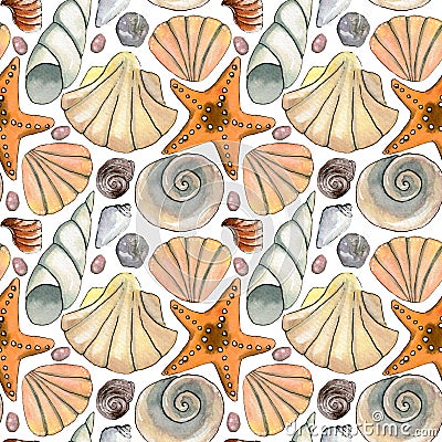 Hand drawn sea seamless pattern with sea shells, starfish, stones Stock Photo