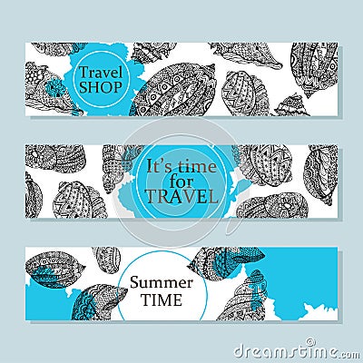 Hand drawn sea shells design for postcard, banner, card. Vector background with sea shell doodle elements. Sketch illustration Vector Illustration