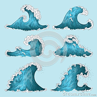Hand drawn sea wave. Sketch ocean storm waves, marine water splash isolated design elements. Vector cartoon wave set Vector Illustration