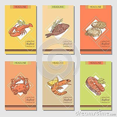 Hand Drawn Seafood Cards Design with Fish Crab and Lobster Restaurant Menu Template Vector Illustration