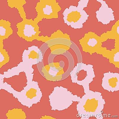 Hand drawn seamless atomic pattern with geometric abstract shapes in red orange yellow colors. Mid century modern Stock Photo