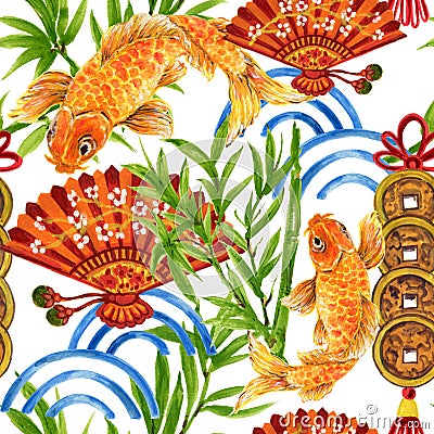 Hand drawn seamless background pattern inspired by chinese Korean and Japan kimono yukata background backdrop watercolor gouache Stock Photo