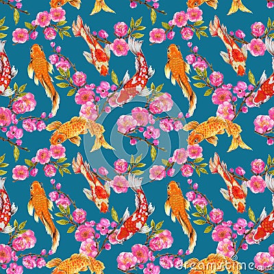 Hand drawn seamless background pattern inspired by chinese Korean and Japan kimono yukata background backdrop watercolor gouache Stock Photo