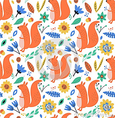 Hand drawn seamless background with squirrels, leaves and flowers. Cartoon Illustration