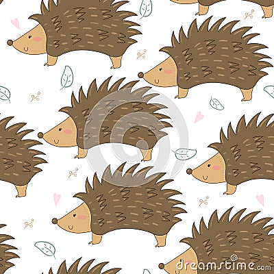 Hand Drawn seamless cute hedgehog pattern vector illustration. Vector Illustration