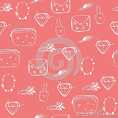 hand drawn seamless graphic pink pattern of girl stuff woman things fashion vector object. Lady accessories background. Vector Illustration