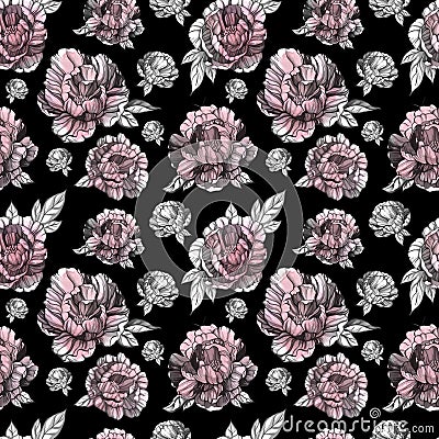 Hand drawn seamless ink peoniy pattern. Graphic illustrations for design projects Cartoon Illustration