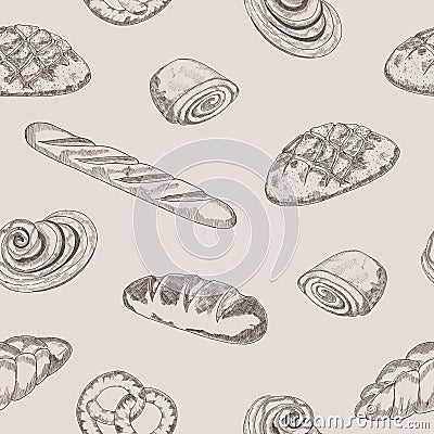 Hand-drawn seamless pattern.Background of the bakery product sketch. Vintage food illustration for a store, bakery,wallpaper, Vector Illustration
