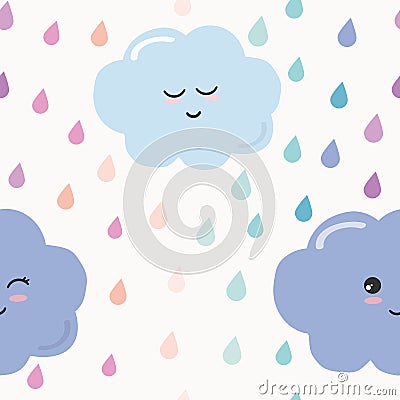 Hand drawn seamless pattern background with colorful watercolor drops and clouds. For kids. Kawaii design. Vector Illustration