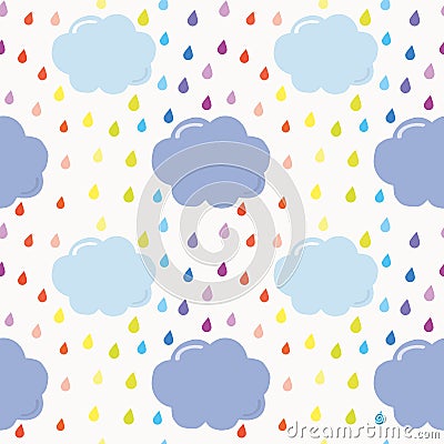 Hand drawn seamless pattern background with colorful watercolor drops and clouds. For kids. Stock Photo