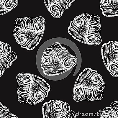 Hand-drawn seamless pattern of bacon in engraved vintage style. Hand-drawn vector white pattern of hamon or pork meat, ham slice. Vector Illustration