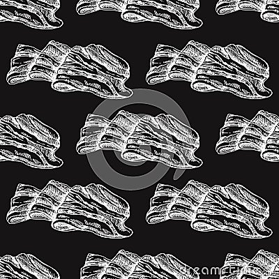 Hand-drawn seamless pattern of bacon in engraved vintage style. Hand-drawn vector white pattern of hamon or pork meat, ham slice. Vector Illustration