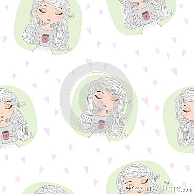 Hand drawn seamless pattern with beautiful cute girl with cup in his hands. Vector illustration Vector Illustration